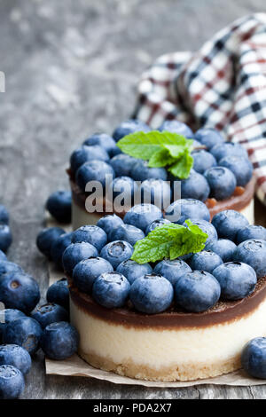 Zwei mini Schokolade Käsekuchen mit frischen Heidelbeeren auf hölzernen Tisch Stockfoto