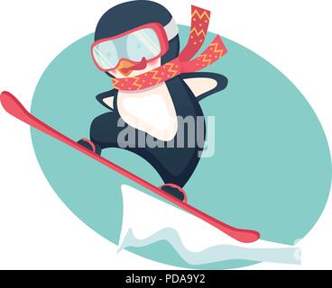 Pinguin snowboarder zu springen. Penguin cartoon Vector Illustration. Aktivität im Winter. Stock Vektor