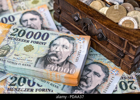 Stapel von Ungarischen 20000 Forint Banknoten mit einem offenen Vintage hölzerne Kiste voller Münzen. Konzept der Persönlichen Einsparungen und das Sammeln von Geld für Retireme Stockfoto