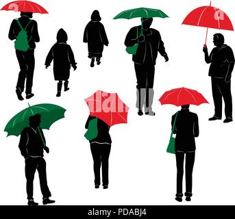Silhouetten, die mit Sonnenschirmen Stock Vektor