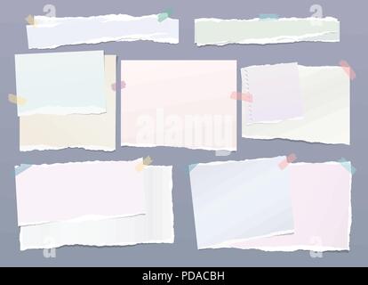 Pastellfarben Hinweis, notebook Papier stücke mit zerrissene Kanten fest mit bunten Klebestreifen auf grauem Hintergrund. Vector Illustration. Stock Vektor