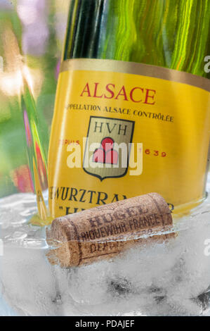 "Hugel" gewürztraminer Weißwein Flasche und Korken in Weinkühler in Alfresco Blumengarten situation Riquewihr Elsass Frankreich Stockfoto