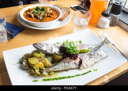 Ganze Makrelen und Café Fisch Eintopf im Café Fisch im Tobermory auf der Isle of Mull in Schottland. Stockfoto