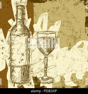 Flasche Wein und Glas Skizze Stock Vektor