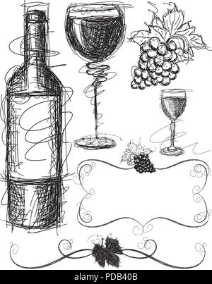 Wein Skizzen. Sketchy, Hand gezeichnet Weinflasche, Weingläser, Trauben, und dekorativen Weinstock blättert Stock Vektor