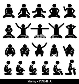 Menschliche Mann Menschen sitzen und das Hocken auf dem Boden Posen Posen Strichmännchen Stickman Piktogramm Symbole Stock Vektor