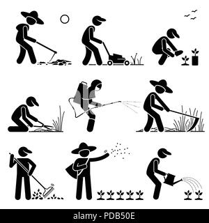 Gärtner und Landwirt mit im Garten arbeitende Werkzeuge und Geräte für die Arbeit Stock Vektor
