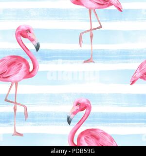 Tropische Vögel. Rosa Flamingo. Aquarell nahtlose Muster Stockfoto