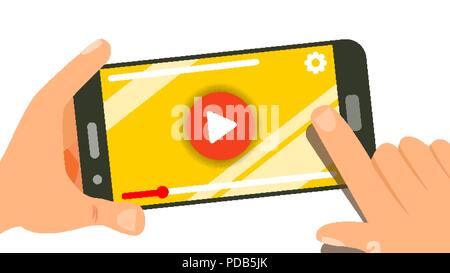 Die Wiedergabe von Videos auf dem Smartphone Vektor. Menschliche Hände mit Gadget. Menü Systemsteuerung. Musik, Film. Finger Touch Screen. Isolierte flache Darstellung Stock Vektor