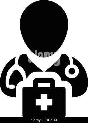 Arzt Symbol Vektor männliche Person Profil Avatar mit Stethoskop und Erste Hilfe Kit Tasche für Medizinische Beratung in Glyph Piktogramm Abbildung Stock Vektor