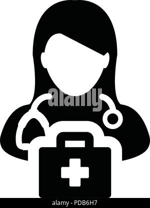 Arzt Symbol Vektor weibliche Person Profil Avatar mit Stethoskop und Erste Hilfe Kit Tasche für Medizinische Beratung in Glyph Piktogramm Abbildung Stock Vektor
