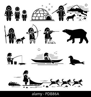 Eskimo People, Lifestyle, und Tiere. Strichmännchen Piktogramm zeigt Eskimo menschliche, Iglu, Jagd, Angeln, Eisbär, Husky, Hund, Hunde, die Dichtung. Stock Vektor