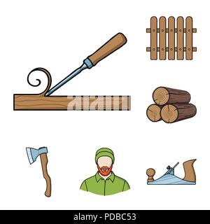 Sägewerk und Holz cartoon Symbole im Set Sammlung für Design. Hardware und Tools vektor Symbol lieferbar Abbildung. Stock Vektor