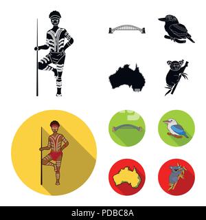 Aborigine mit einem Speer, Sydney Harbour Bridge, kookabarra auf einem Zweig, das Territorium des Landes. Australien Sammlung Icons in Schwarz, Flat Style eingestellt Stock Vektor