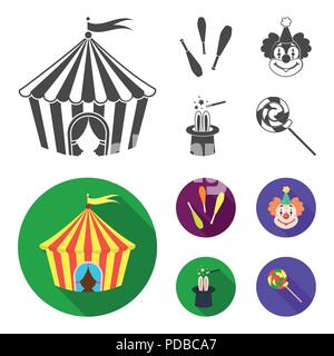 Zirkuszelt, jongleur Streitkolben, Clown, Zauberer Hut. Circus Collection Symbole in Schwarz, Flat Style vektor Symbol lieferbar Abbildung. Stock Vektor