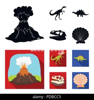 Vulkanausbruch, gallimimus, Stegosaurus, Dinosaurier Schädel. Dinosaurier und prähistorischen Periode set Sammlung Icons in Schwarz, flat Vektor symbol Sto Stock Vektor