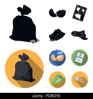 Einen Müllsack, eine zerbrochene Eierschale, einer zerrissenen schmutziges T-Shirt, ein kaputtes Fenster Rahmen mit Glas. Müll und Abfall set Sammlung Icons in Schwarz, flacher Stil Stock Vektor