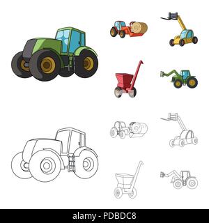 Traktor, Heu Balancer und andere landwirtschaftliche Geräte. Landwirtschaftliche Maschinen ein Sammlung Icons im Cartoon, Outline style Vektor Symbol lieferbar illustr Stock Vektor