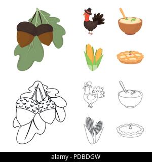Eicheln, Mais. arthene Püree, festliche Türkei, Kanada thanksgiving Tag set Sammlung Icons im Cartoon, Outline style Vektor Symbol lieferbar Abbildung. Stock Vektor