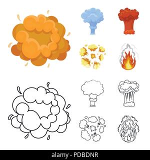 Flamme, Funken, Wasserstoff Fragmente, Atomic oder gas Explosion. Explosionen set Sammlung Icons im Cartoon, Outline style Vektor Symbol lieferbar Abbildung: Stock Vektor