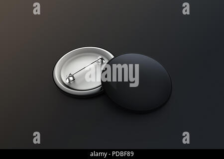 Leeren schwarzen Anstecker mock up Stack, Freisteller, 3D-Rendering. Leere klare pin Emblem mockup. Runde Kunststoff freiwillige Label. Abstimmung sign Design vorlage. Campaigning badges angezeigt werden. Stockfoto