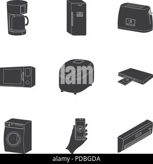 Geräte, schwarz, Kamera, Zentrum, Kaffee, Sammlung, Komfort, Kommunikation, Kommunikation, Kran, Festplatte, Tür, Elektrik, Elektro, Technik, Ausrüstung, Tiefkühler, Gas, Griff, Home, Haushaltsgeräte, Haushalt, Icon, Illustration, Informationen, isoliert, Reihen, Küche, Laptop, Teekocher, Musik, Player, Sanitär, Kühlschrank, Router, Bildschirm, Sicherheit, Satz, Zeichen, Lautsprecher, Herd, Überwachung, Symbol, Technik, Vektor-, Video-, Web logo Vektor Vektoren, Stock Vektor