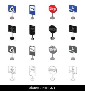 Index auf der Straße, Verbot, Warnung, Anzeige- und andere Arten von Zeichen. Schild set Sammlung Icons in Cartoon schwarz monochrome outline Style Stock Vektor