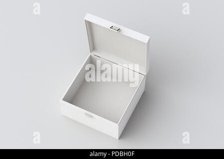 Leere weiße kleine Brust oder Schatulle auf weißem Hintergrund geöffnet. Beschneidungspfad gehören rund um. 3D-Rendering Stockfoto