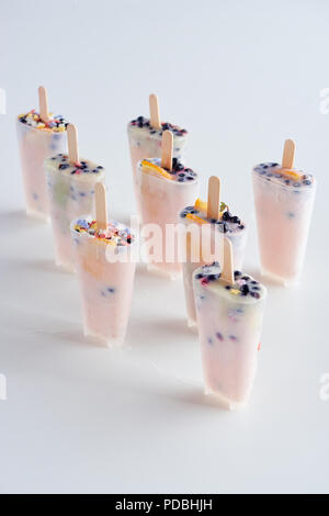 Leckere hausgemachte Eis am Stiel mit Stöcken in den Behältern auf Grau Stockfoto