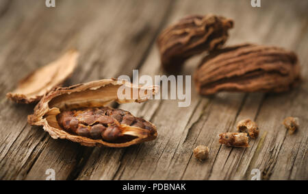 Schwarzer Kardamom Samen auf Holz Oberfläche Stockfoto