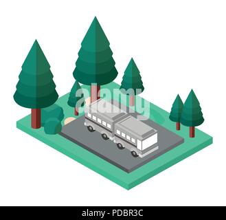 Parkplätze für Busse und Bäume Szene isometrische Symbol Stock Vektor