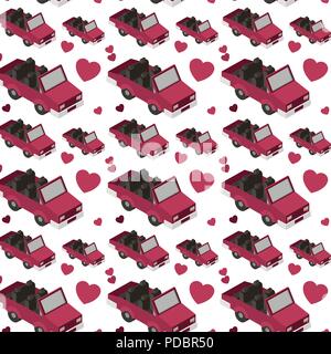 Isometrics Autos und Herzen Muster Hintergrund Stock Vektor