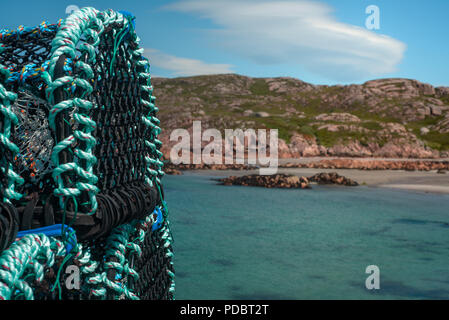 Nahaufnahme der Krabbe Netze am Meer Insel Mull, Inneren Hebriden, Schottland, Großbritannien Stockfoto