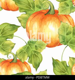 Orange Kürbisse und Blätter. Nahtlose Muster. Aquarell Abbildung Stockfoto