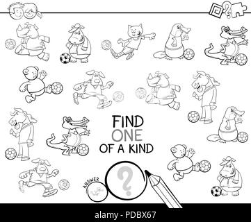 Schwarze und Weiße Cartoon Illustration von einer Art Bild pädagogische Tätigkeit Spiel für Kinder mit Tier- Fußball Spieler Zeichen Colo Stock Vektor