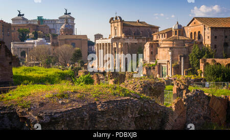 Rom, Italien. Das Forum Romanum. Tempel des Antoninus und der Faustina (Tempio di Antoninus e Faustina) im Zentrum. Denkmal für Vittorio Emanuele II, al Stockfoto