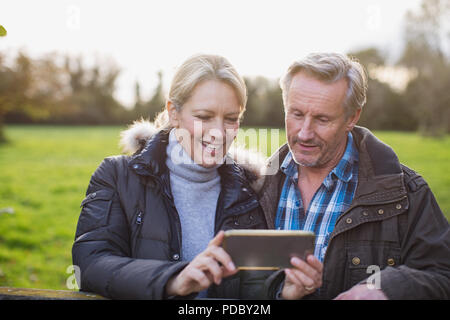 Reifes Paar unter selfie mit smart phone in Park Stockfoto