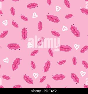 Lippen mit Herz nahtlose Muster Küssen. Vector Illustration isoliert auf rosa Hintergrund. Stock Vektor