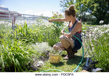 Frau Pflege von Blumen im Garten. glückliche Frau Gärtner mit Blumen