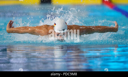 Glasgow, UK. 8. August 2018 Tollcross International Swimming Centre, Glasgow, Schottland, Glasgow 2018 Schwimm-EM; Marius Kusch (GER) während der Qualifikation für die 100 m Schmetterling Credit: Aktion Plus Sport Bilder/Alamy leben Nachrichten Stockfoto