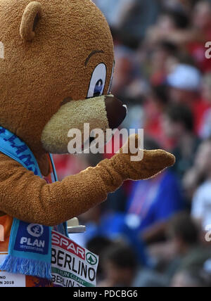 Berlin, Deutschland. 08 Aug, 2018. Athletik, Europameisterschaften im Olympischen Stadion: Maskottchen Berlino Gesten. Quelle: Bernd Thissen/dpa/Alamy leben Nachrichten Stockfoto