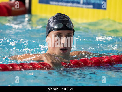 Glasgow, Schottland, Großbritannien. 8. August 2018. 8. August 2018 Tollcross International Swimming Centre, Glasgow, Schottland, Glasgow 2018 Schwimm-EM; Mykhaylo Romanchuk (UKR) nach dem Gewinn der 800m Freistil Credit: Aktion Plus Sport Bilder/Alamy leben Nachrichten Stockfoto