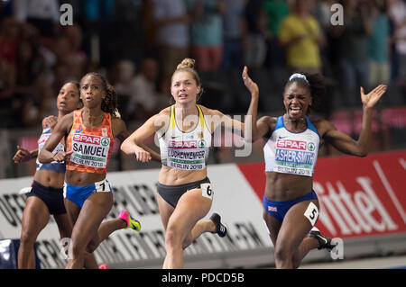 Berlin, Deutschland. 07 Aug, 2018. Beenden nach links Orlann OMBISSA (FRA), Samuel Jamile (NED), Gina (LUECKENKEMPER LuÌckenkemper), Deutschland, 2. Platz, Sieger Dina ASHER - SMITH (1./GBR), Ziel, Aktion, abschließenden 100 m der Frauen, auf 07.08.2018 Europäische Leichtathletik WM 2018 in Berlin/Deutschland vom 06.08. - 12.08.2018. | Verwendung der weltweiten Kredit: dpa/Alamy leben Nachrichten Stockfoto