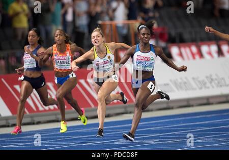 Berlin, Deutschland. 07 Aug, 2018. Beenden nach links Orlann OMBISSA (FRA), Samuel Jamile (NED), Gina (LUECKENKEMPER LuÌckenkemper), Deutschland, 2. Platz, Sieger Dina ASHER - SMITH (1./GBR), Ziel, Aktion, abschließenden 100 m der Frauen, auf 07.08.2018 Europäische Leichtathletik WM 2018 in Berlin/Deutschland vom 06.08. - 12.08.2018. | Verwendung der weltweiten Kredit: dpa/Alamy leben Nachrichten Stockfoto