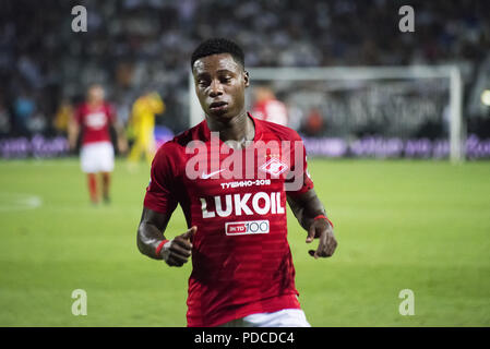 Thessaloniki, Griechenland. 8 Aug, 2018. Spartak Moskau FC player Quincy Promes in Aktion bei einem Match zwischen PAOK FC und Spartak Moskau FC. PAOK FC FC Spartak Moskau für die dritte Qualifikationsrunde der UEFA Champions League, an der nördlichen griechischen Stadt Thessaloniki. Credit: Giannis Papanikos/ZUMA Draht/Alamy leben Nachrichten Stockfoto