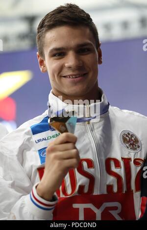 Glasgow, UK. 8. August 2018. Evgeny Rylov (Russland) während des Schwimmen Europameisterschaften Glasgow 2018, in Tollcross International Swimming Centre in Glasgow, Großbritannien, Tag 7, am 8. August 2018 - Foto Laurent Lairys/DPPI Credit: Laurent Lairys/Agence Locevaphotos/Alamy leben Nachrichten Stockfoto