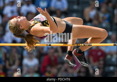 Berlin, Deutschland. 09 Aug, 2018. Athletik, Europameisterschaft, Siebenkampf, Frauen, hoch springen. Hanne Maudens aus Belgien springt. Quelle: Bernd Thissen/dpa/Alamy leben Nachrichten Stockfoto