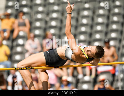 Berlin, Deutschland. 09 Aug, 2018. Athletik, Europameisterschaft, Siebenkampf, Frauen, hoch springen. Mareike Arndt aus Deutschland springt. Quelle: Bernd Thissen/dpa/Alamy leben Nachrichten Stockfoto