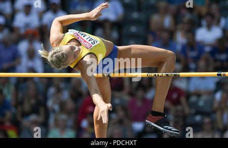 Berlin, Deutschland. 09 Aug, 2018. Athletik, Europameisterschaft, Siebenkampf, Frauen, hoch springen. Bianca Salming aus Schweden springt. Quelle: Bernd Thissen/dpa/Alamy leben Nachrichten Stockfoto