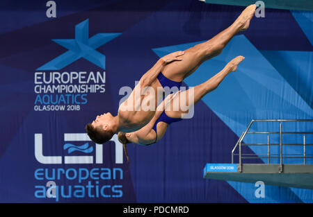 Großbritanniens Ross Haslam und Gnade Reid in der synchronisierten 3m Sprungbrett Mixed Final bei Tag sieben der 2018 europäischen Meisterschaften am Scotstoun Sport Campus, Glasgow. Stockfoto